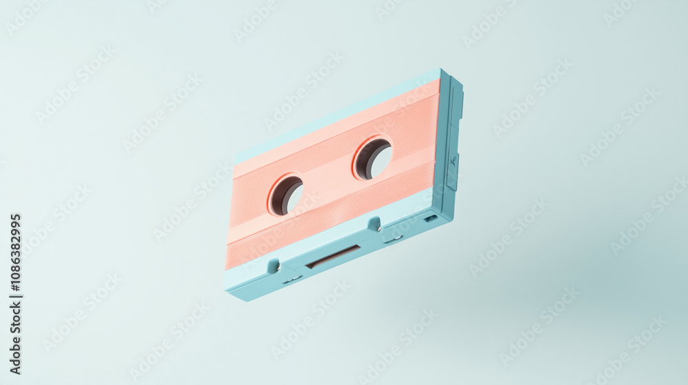 Fototapeta premium Floating Cassette Tape: A vintage cassette tape hovers against a soft blue background, its pink and blue colors echoing the hues of a nostalgic summer day. 