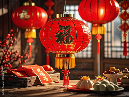 Traditional Chinese New Year decor with glowing red lanterns and a table of festive foods photo