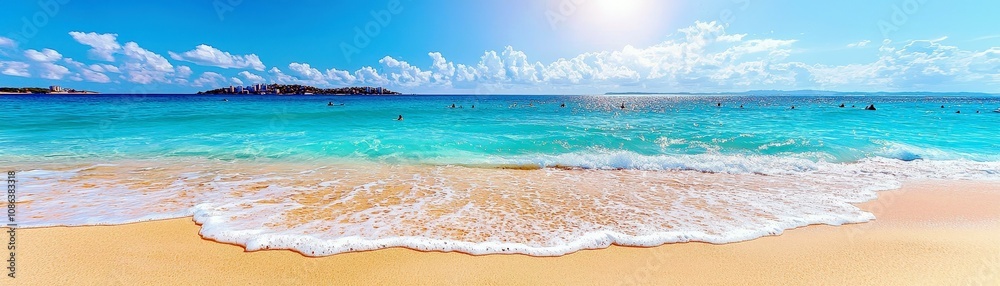 Obraz premium Serene Tropical Beach with Clear Turquoise Water, Gentle Waves, and Bright Blue Sky in a Picturesque Coastal Landscape on a Sunny Day