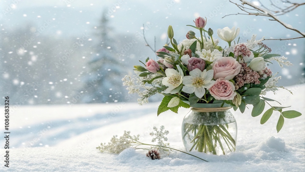 Fototapeta premium Delicate watercolor winter flowers arrangement in a vase with subtle snowfall background, floral arrangement, frosty
