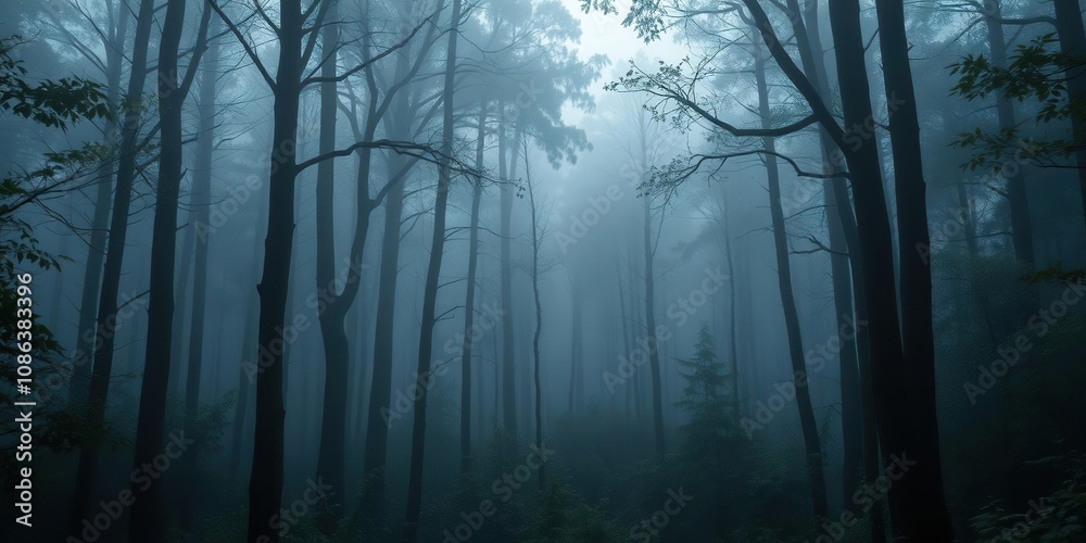 Dense forest enveloped in a mystical fog, atmospheric, trees Dense forest enveloped in a mystical fog, atmospheric, trees