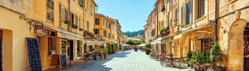 Fototapeta premium Charming European Street Scene with Vibrant Buildings, Outdoor Cafes, and Spectacular Sunshine in a Picturesque Town Square