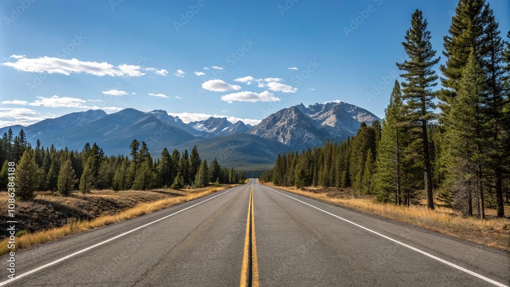 Naklejka premium Empty stretch of asphalt road running parallel to a mountain range with a clear blue sky above and pine trees in the foreground, empty highway, serene atmosphere, natural landscape, road to nowhere