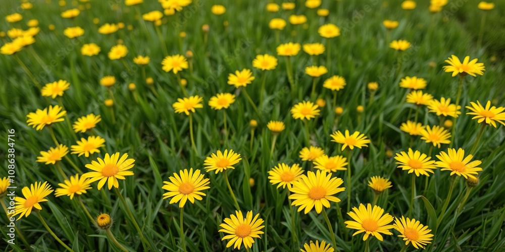Obraz premium fields of bright yellow daisies on a lush green lawn, bloom, colorful, landscape