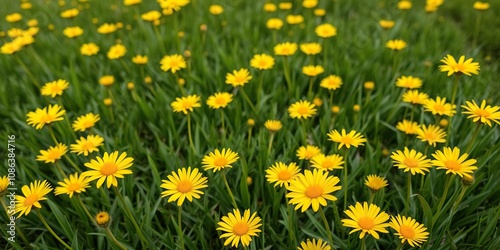 fields of bright yellow daisies on a lush green lawn, bloom, colorful, landscape