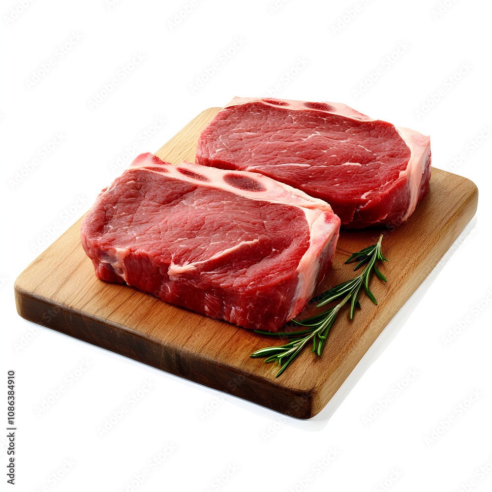 Two raw steaks on a wooden cutting board, garnished with rosemary. A rich, red centerpiece ready for cooking. Two raw steaks on a wooden cutting board, garnished with rosemary. A rich, red centerpiece ready for cooking.
