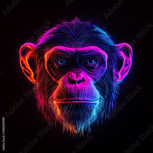 Neon colored monkey face logo with vibrant background image
