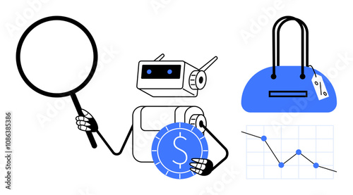 Robot holding magnifying glass, dollar sign coin, handbag with price tag, and declining graph. Ideal for market analysis, AI technology, finance, retail, fashion industry trend analysis business