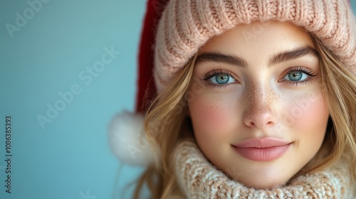 A cheerful blond woman dons a cozy knitted hat and scarf adorned with a playful pom pom, radiating warmth and style in a winter wonderland.