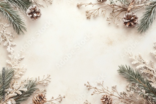 Delicate pine cones and lush branches elegantly arranged against a crisp white background, evoking a sense of tranquility and natural beauty.