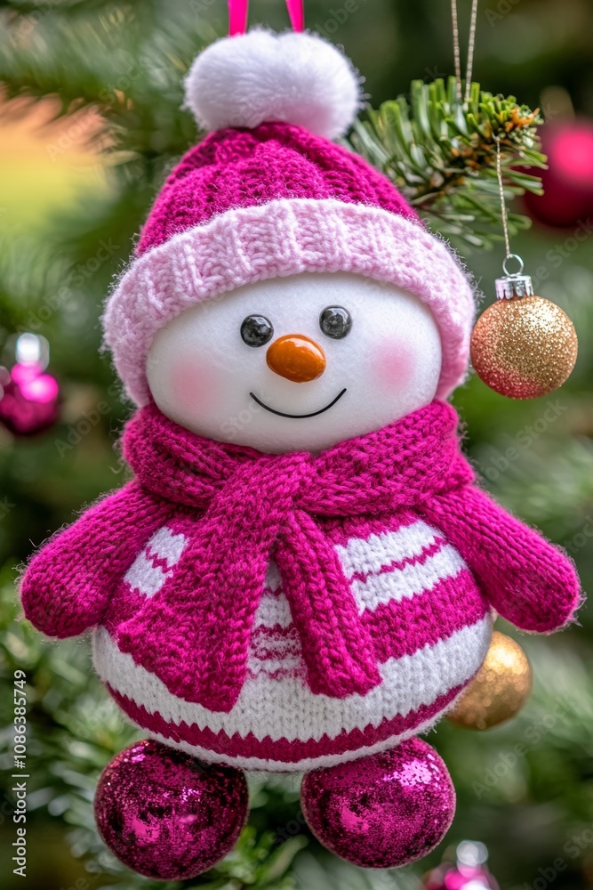 A charming snowman ornament dangles from a festive Christmas tree, capturing the spirit of winter with its cheerful smile and delicate details. A charming snowman ornament dangles from a festive Christmas tree, capturing the spirit of winter with its cheerful smile and delicate details.