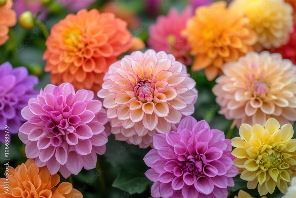 A vibrant array of colorful dahlias bloom in a garden. A vibrant array of colorful dahlias bloom in a garden.