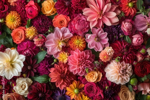 A vibrant arrangement of various flowers in shades of red, pink, orange, and white.