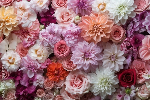 A vibrant arrangement of various pink, red, and peach flowers.