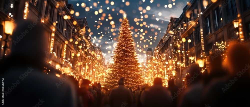 A vibrant outdoor Christmas scene with a towering illuminated tree surrounded by sparkling lights and a festive crowd. A vibrant outdoor Christmas scene with a towering illuminated tree surrounded by sparkling lights and a festive crowd.