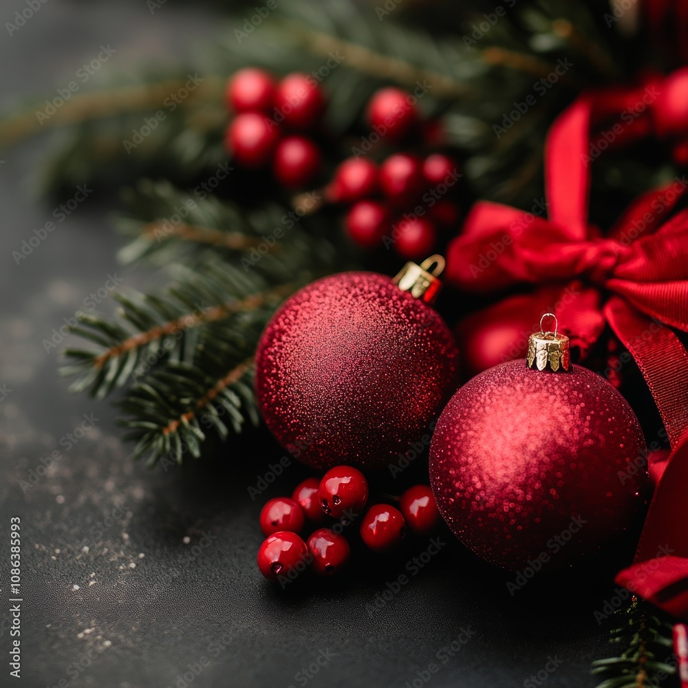 Naklejka premium Vibrant red Christmas ornaments rest elegantly on a sleek black table, adorned with festive red bows, creating a cheerful holiday atmosphere.