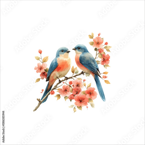 Watercolor lovebirds couple on a branch clipart. love Birds and heart watercolor illustration.