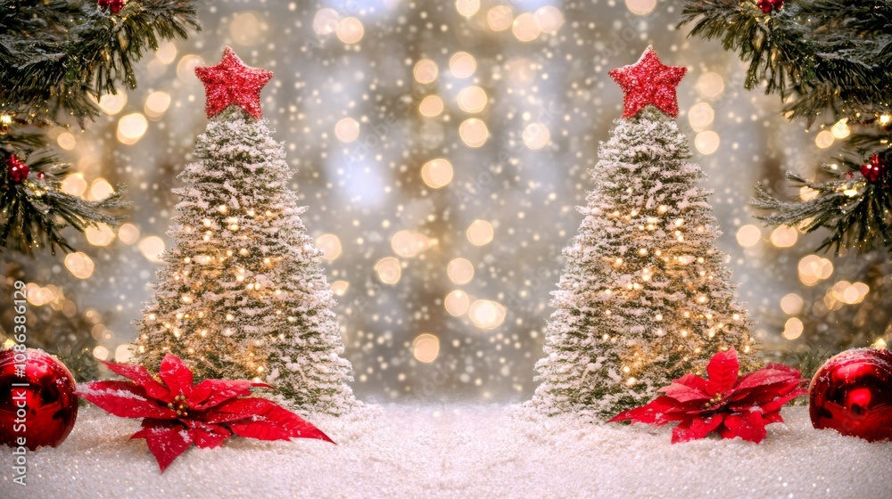 Two festive Christmas trees adorned with vibrant red ornaments stand elegantly in a tranquil blanket of snow, embodying the magic of the holiday season. Two festive Christmas trees adorned with vibrant red ornaments stand elegantly in a tranquil blanket of snow, embodying the magic of the holiday season.