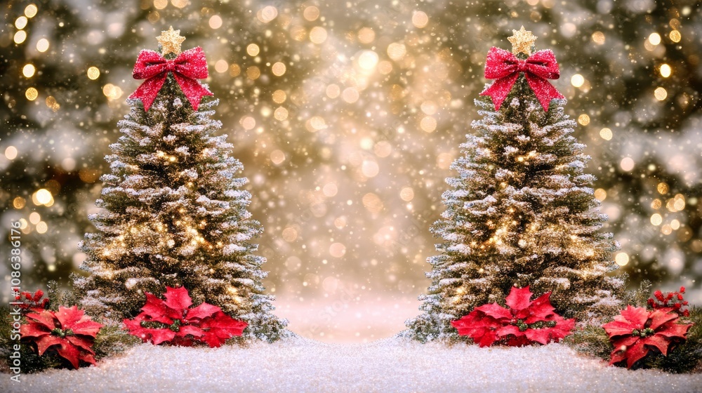 Two festive Christmas trees adorned with red bows and vibrant poinsettias stand elegantly amidst a blanket of soft, glistening snow. Two festive Christmas trees adorned with red bows and vibrant poinsettias stand elegantly amidst a blanket of soft, glistening snow.