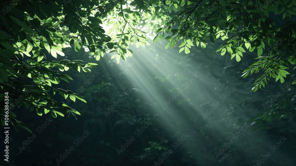 Obraz premium Sunbeams Through Lush Green Forest Canopy Nature Background