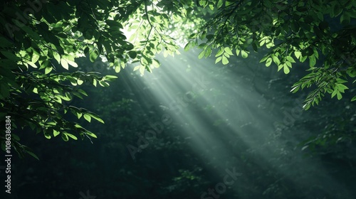 Sunbeams Through Lush Green Forest Canopy Nature Background