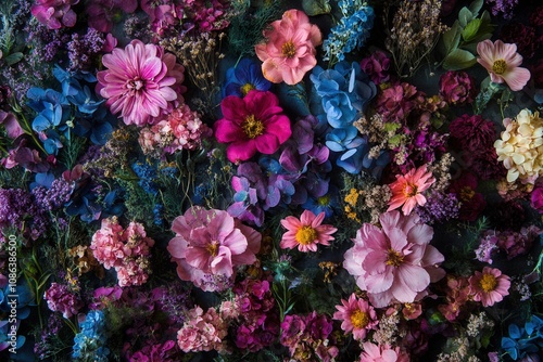 A vibrant collection of colorful flowers in a flat lay arrangement.