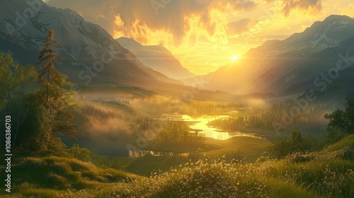 A breathtaking sunrise over a misty valley, with mountains in the background and a river winding through the valley. The sun is shining brightly, casting a golden glow on the landscape.