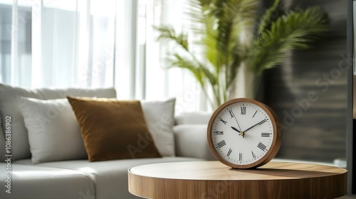 Wallpaper Mural A charming, modern living room interior, featuring a vintage alarm clock on a round wooden coffee table Torontodigital.ca