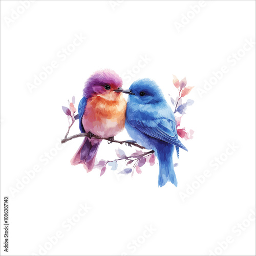 Watercolor lovebirds couple on a branch clipart. love Birds and heart watercolor illustration.