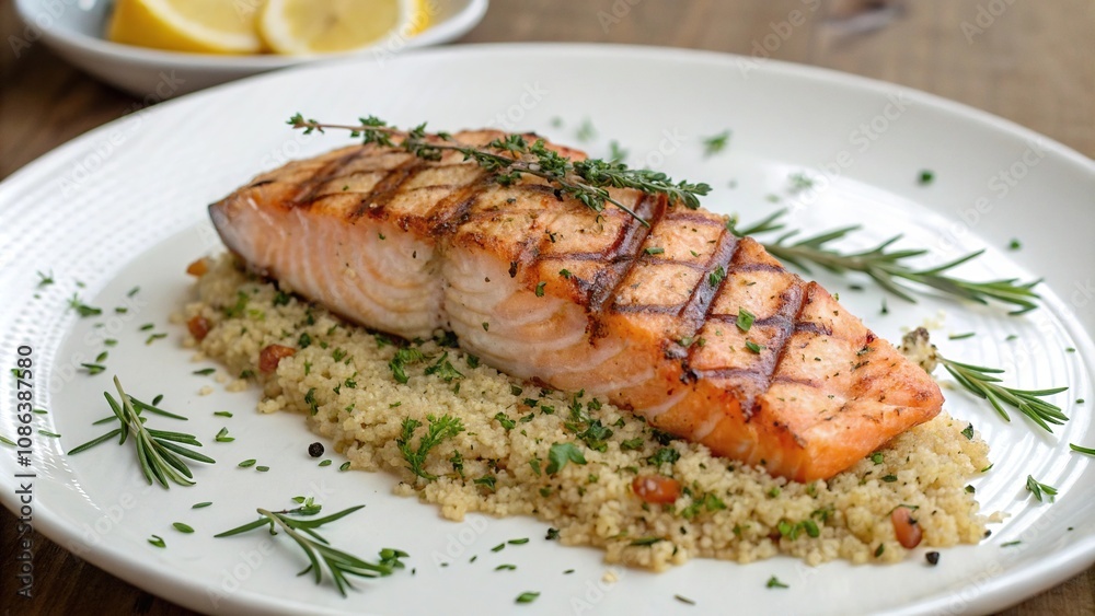 Freshly grilled salmon fillet on a bed of quinoa surrounded by fragrant herbs, atop a white plate, gourmet, ingredients, natural Freshly grilled salmon fillet on a bed of quinoa surrounded by fragrant herbs, atop a white plate, gourmet, ingredients, natural