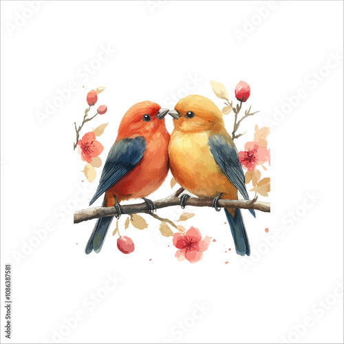 Watercolor lovebirds couple on a branch clipart. love Birds and heart watercolor illustration.