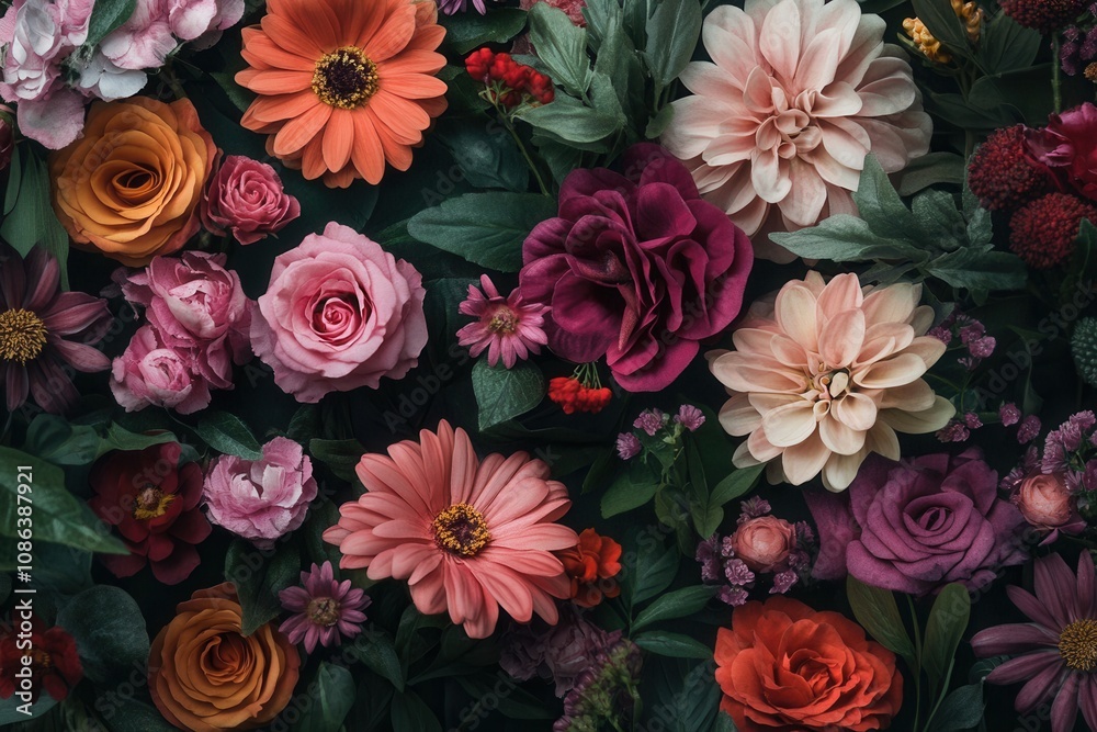 A vibrant floral arrangement featuring various flowers in shades of pink, orange, and red. A vibrant floral arrangement featuring various flowers in shades of pink, orange, and red.