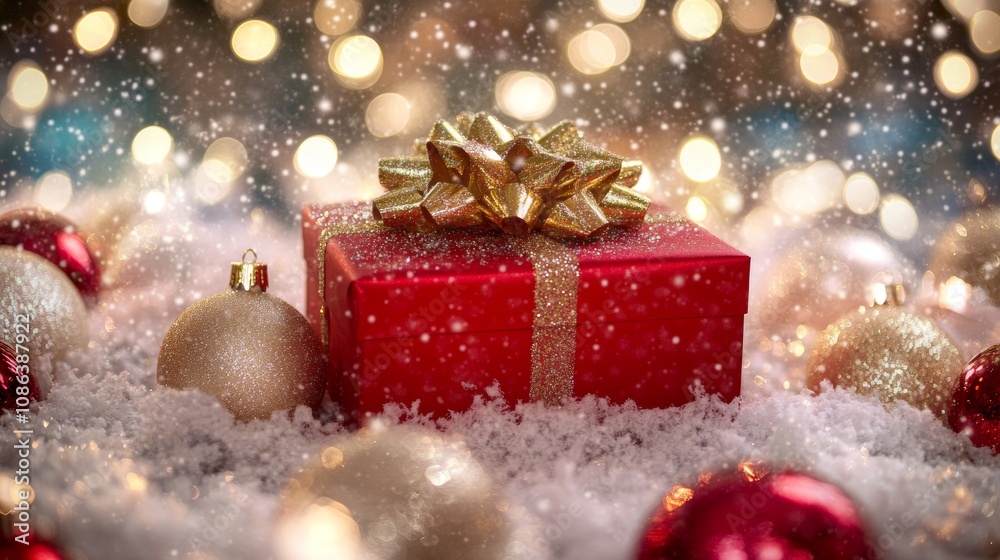 A vibrant red gift box adorned with a shimmering gold bow rests elegantly on a blanket of fresh snow, evoking festive cheer and warmth. A vibrant red gift box adorned with a shimmering gold bow rests elegantly on a blanket of fresh snow, evoking festive cheer and warmth.