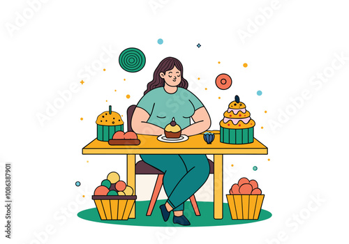 A fat woman is sitting at a table eating dessert and sweets. Hand drawn style vector design illustrations.
