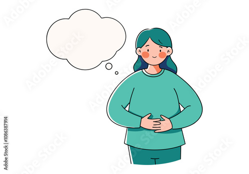 A woman holds her stomach and says or thinks about something. Hand drawn style vector design illustrations.

