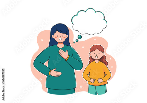 A woman holds her stomach and says or thinks about something. Hand drawn style vector design illustrations.
