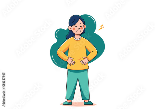 A woman holds her stomach and says or thinks about something. Hand drawn style vector design illustrations.
