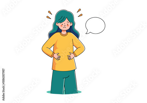 A woman holds her stomach and says or thinks about something. Hand drawn style vector design illustrations.
