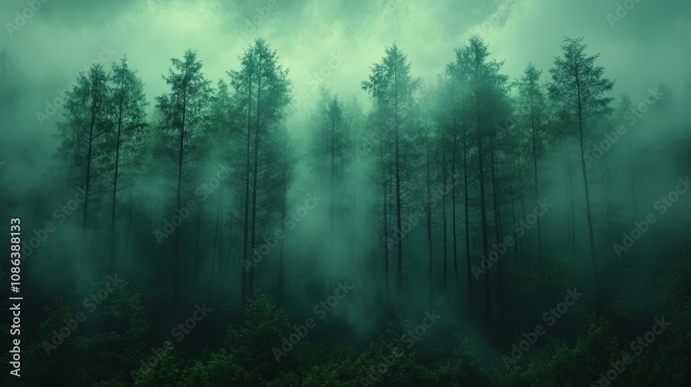 Fototapeta premium Aerial view of a mystical forest shrouded in soft fog, where towering trees emerge from the mist, creating an enchanting and serene atmosphere.