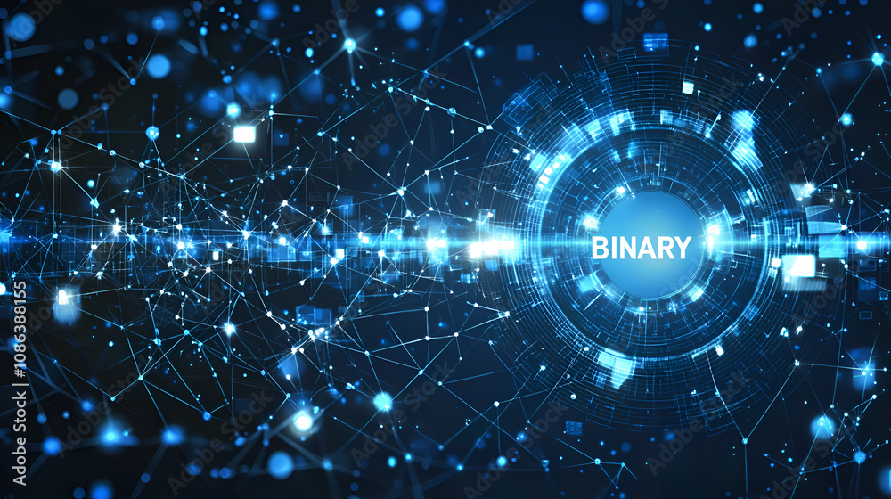 Fototapeta premium Abstract Futuristic Technology Visualization with Blue Binary Code and Data Network Connections