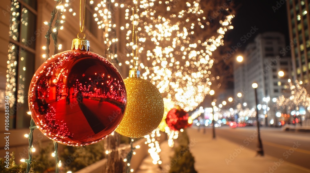 Festive Christmas decorations drape elegantly from the buildings facade, infusing the urban scene with vibrant colors and a joyful holiday spirit. Festive Christmas decorations drape elegantly from the buildings facade, infusing the urban scene with vibrant colors and a joyful holiday spirit.