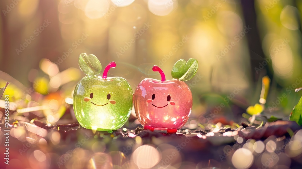 Obraz premium Smiling Apples in a Sunlit Forest