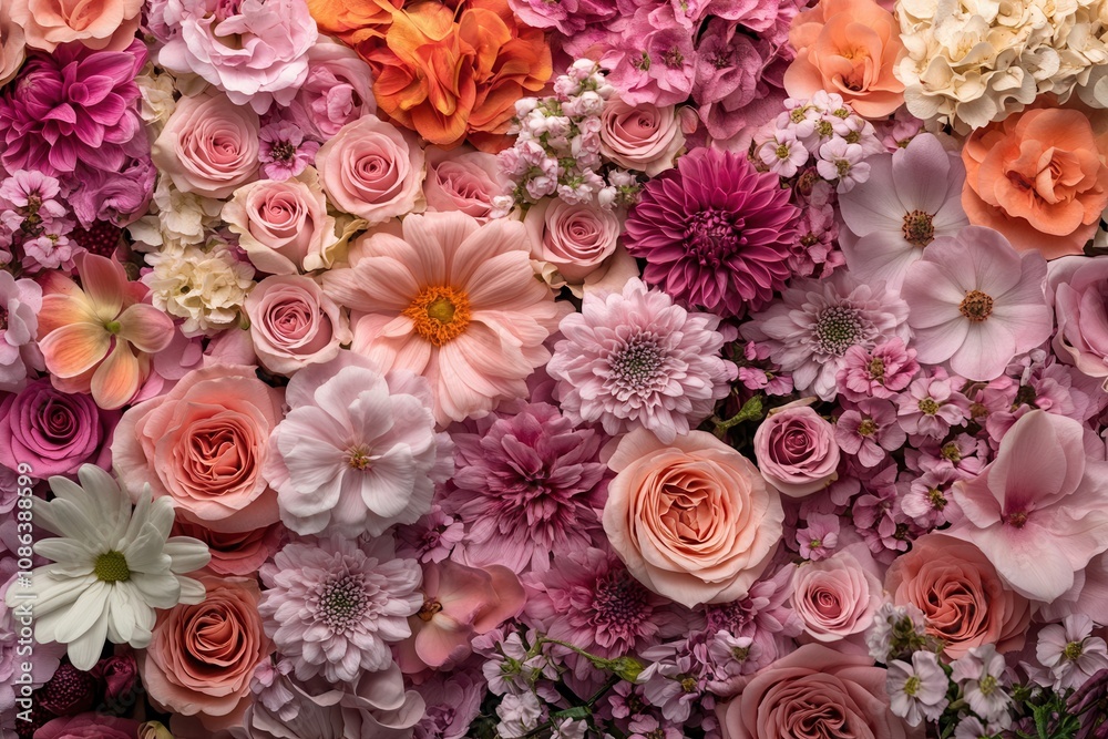 A vibrant floral backdrop featuring a mix of pink, orange, and white flowers. A vibrant floral backdrop featuring a mix of pink, orange, and white flowers.