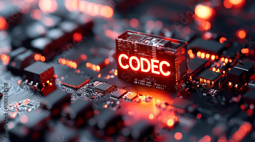 Futuristic 3D Rendering of Microchip and Circuit Board with Red Glow Codec Technology