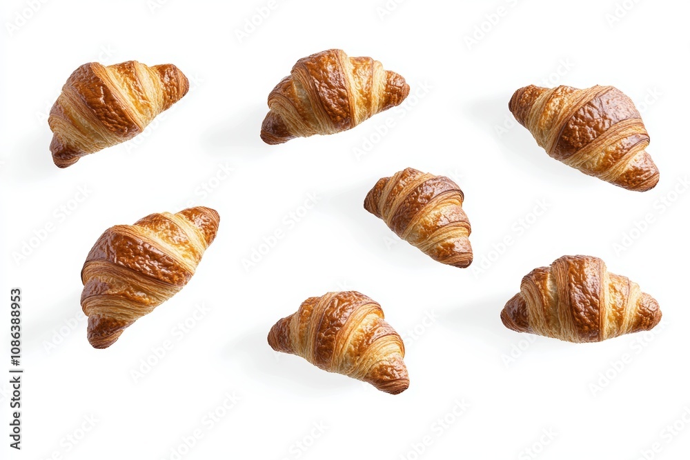 Freshly baked croissants, golden and flaky, elegantly arranged on a pristine white surface, embodying warmth and indulgence in a minimalist setting. Freshly baked croissants, golden and flaky, elegantly arranged on a pristine white surface, embodying warmth and indulgence in a minimalist setting.