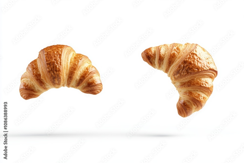 Two golden croissants soar through the air, capturing a whimsical moment of culinary delight and playful imagination in a bright, airy setting. Two golden croissants soar through the air, capturing a whimsical moment of culinary delight and playful imagination in a bright, airy setting.