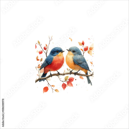 Watercolor lovebirds couple on a branch clipart. love Birds and heart watercolor illustration.