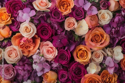 A vibrant floral background featuring an array of pink, purple, and orange roses.