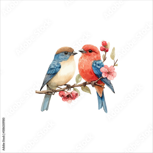 Watercolor lovebirds couple on a branch clipart. love Birds and heart watercolor illustration.