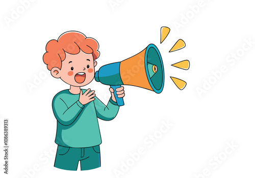 A boy is making an announcement using a megaphone.  Hand drawn style vector design illustrations.
